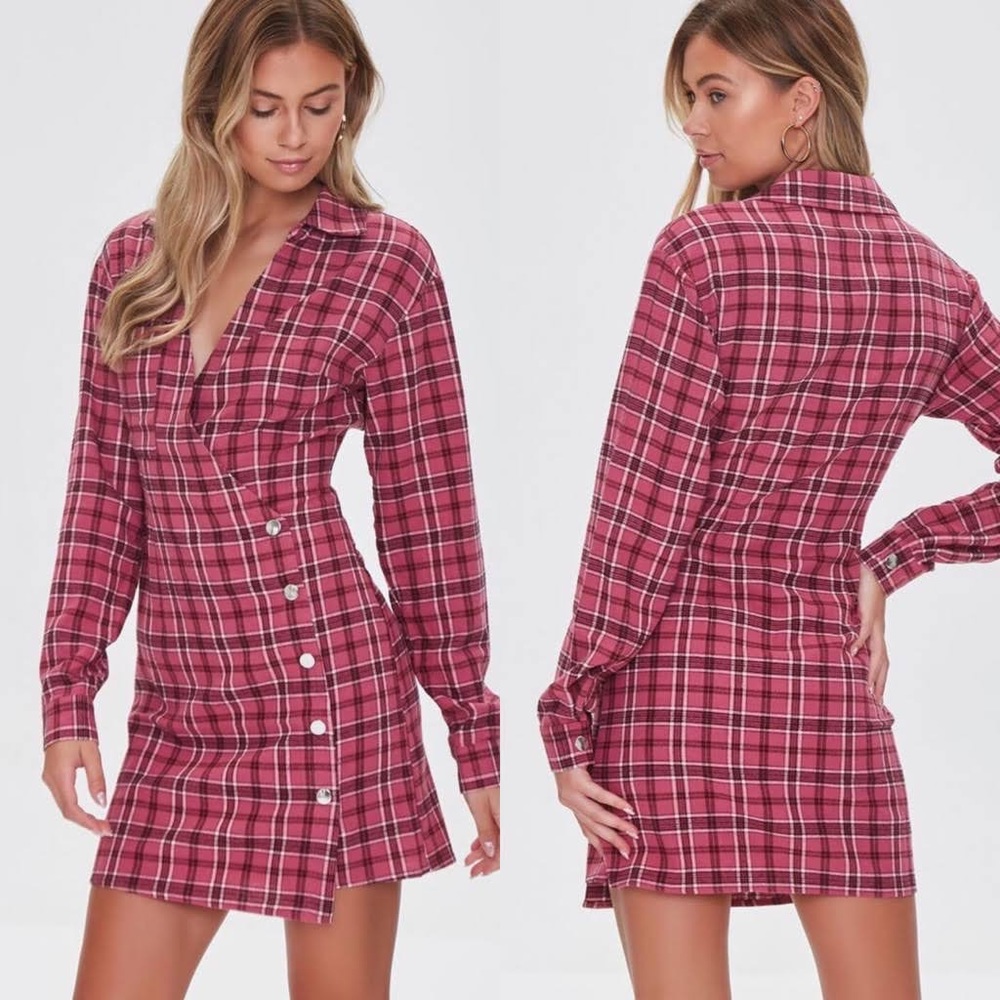 FOREVER 21 Grunge Pink Black Flannel Snap Shirt Plaid Wrap Mini Dress S